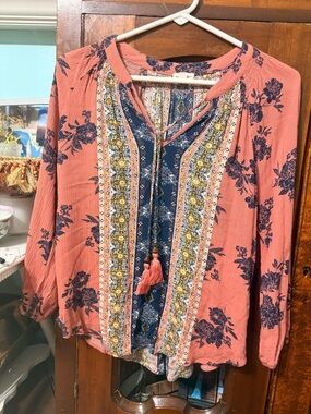 Coral and Navy Mason & Belle Tunic Top Women Floral 3/4 Sleeve Tassel Small